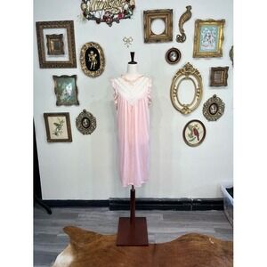 Vintage Y2K Avian Pink Nylon Lace Trim Nightgown Maxi Dress Size Large